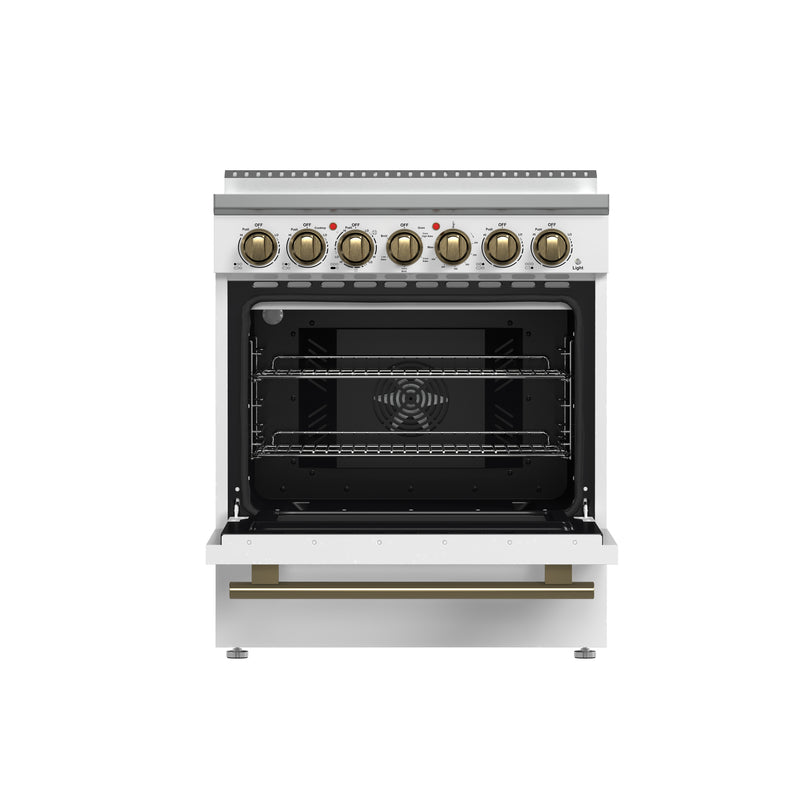 Forno Paolo 30" Freestanding Electric Range in White, True Convection, 5 Burners, with Antique Brass Handles, FFSEL6011-30WHT