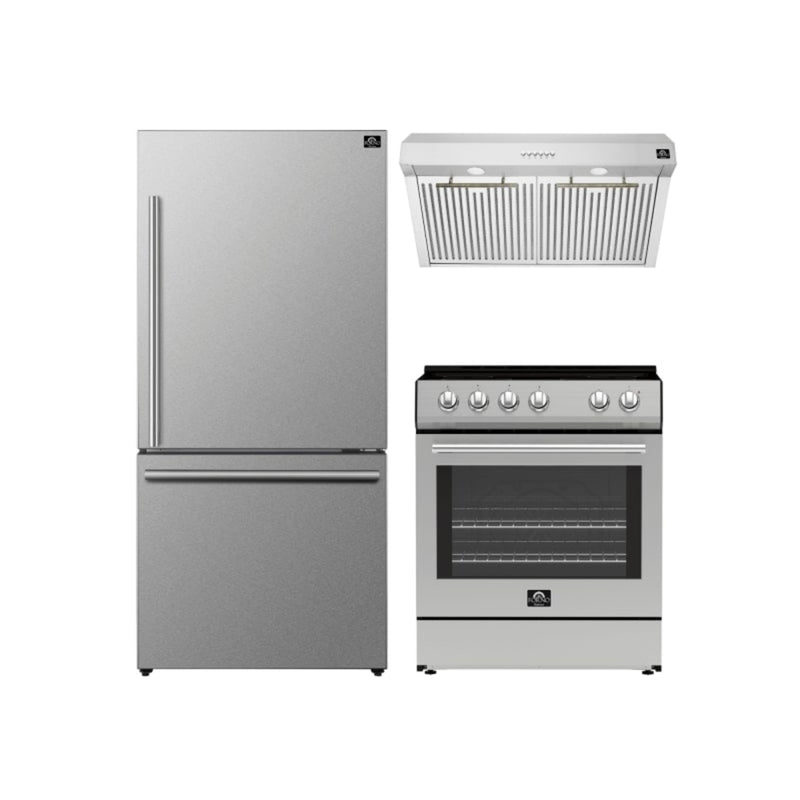 Forno Espresso 3-Piece Appliance Package - 30" Electric Range with 5.0 Cu.Ft. Electric Oven, Refrigerator, and Under Cabinet Range Hood in Stainless Steel, FBDL-001-01US