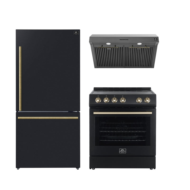 Forno Espresso 3-Piece Appliance Package - 30" Electric Range with 5.0 Cu.Ft. Electric Oven, Refrigerator, and Under Cabinet Range Hood in Black with Antique Brass Trim, FBDL-001-02US