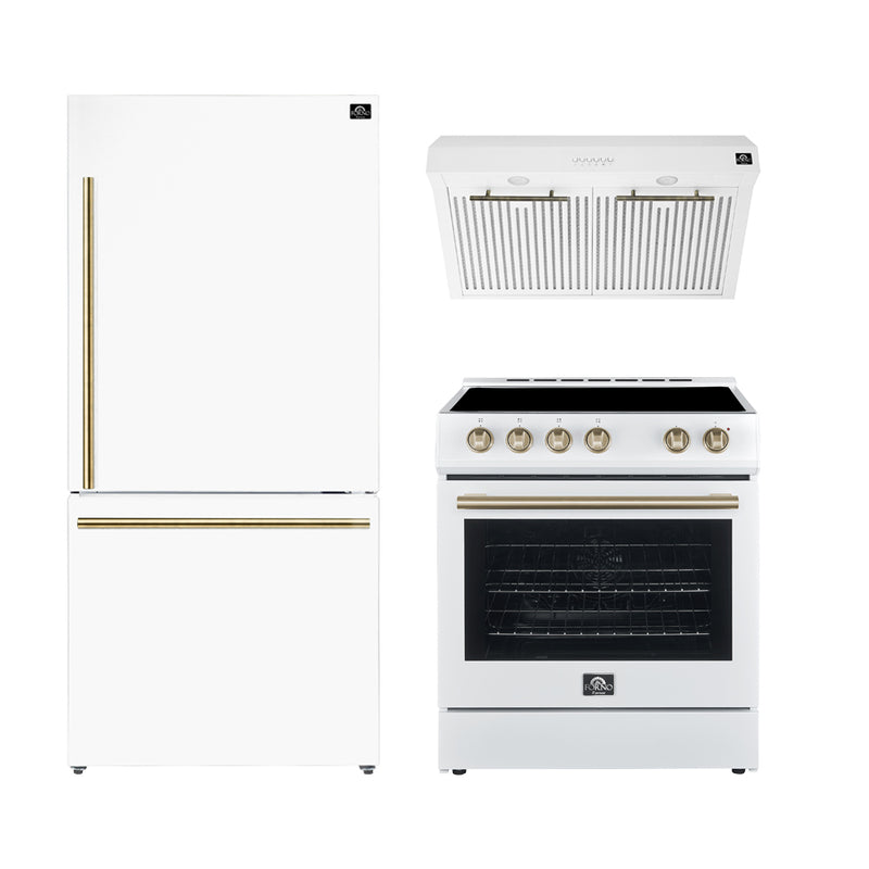 Forno Espresso 3-Piece Appliance Package - 30" Electric Range with 5.0 Cu.Ft. Electric Oven, Refrigerator, and Under Cabinet Range Hood in White with Antique Brass Trim, FBDL-001-03US