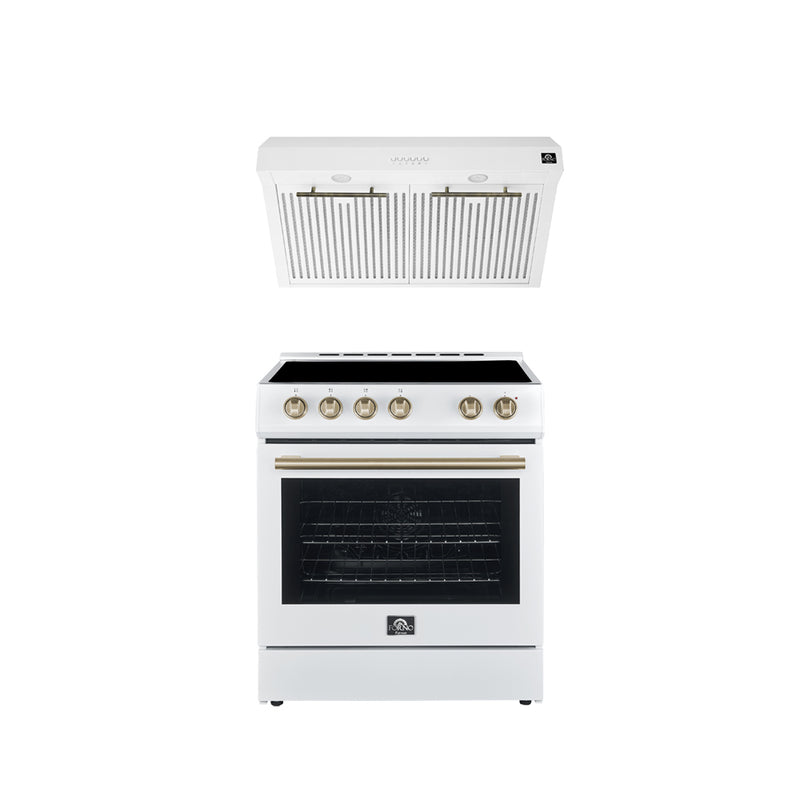 Forno Espresso 2-Piece Appliance Package - 30" Electric Range with 5.0 Cu.Ft. Electric Oven and Under Cabinet Range Hood in White with Antique Brass Trim, FBDL-002-03US