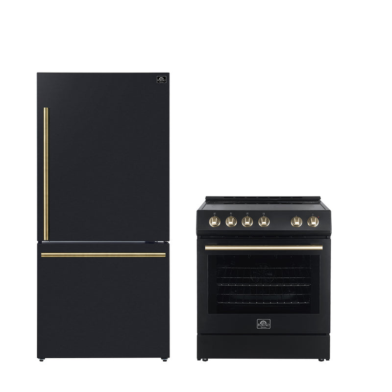 Forno Espresso 2-Piece Appliance Package - 30" Electric Range with 5.0 Cu.Ft. Electric Oven and Refrigerator in Black with Antique Brass Trim, FBDL-003-02US