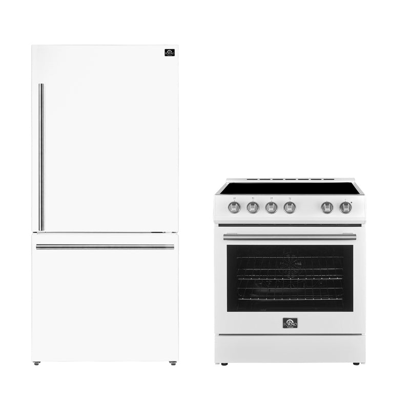 Forno Espresso 2-Piece Appliance Package - 30" Electric Range with 5.0 Cu.Ft. Electric Oven and Refrigerator in White with Stainless Steel Trim, FBDL-003-03US