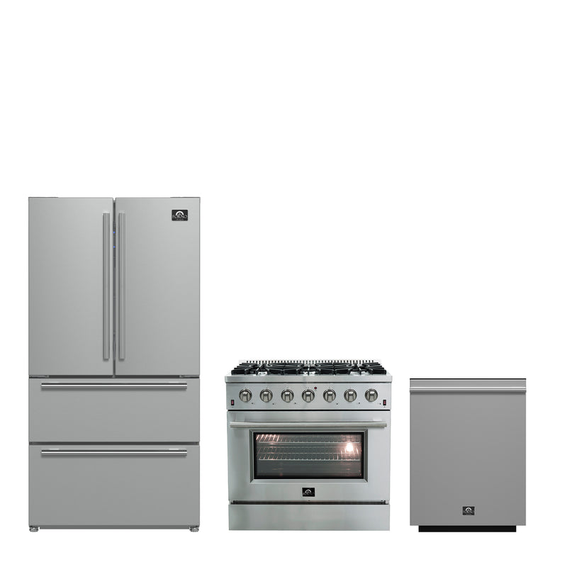Forno 3-Piece Appliance Package - 36" Gas Range, French Door Refrigerator, and Dishwasher in Stainless Steel, FBDL-004-01CAUS