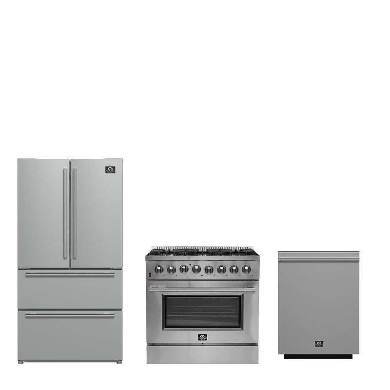 Forno 3-Piece Appliance Package - 36" Dual Fuel Range, French Door Refrigerator, and Dishwasher in Stainless Steel, FBDL-004-02CAUS