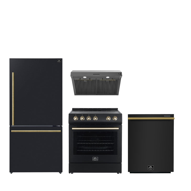 Forno 4-Piece Appliance Package- 30" Electric Range, Under Cabinet Range Hood, 31" Refrigerator, and Built-In Dishwasher in Black with Antique Brass Trim, FBDL-006-02US