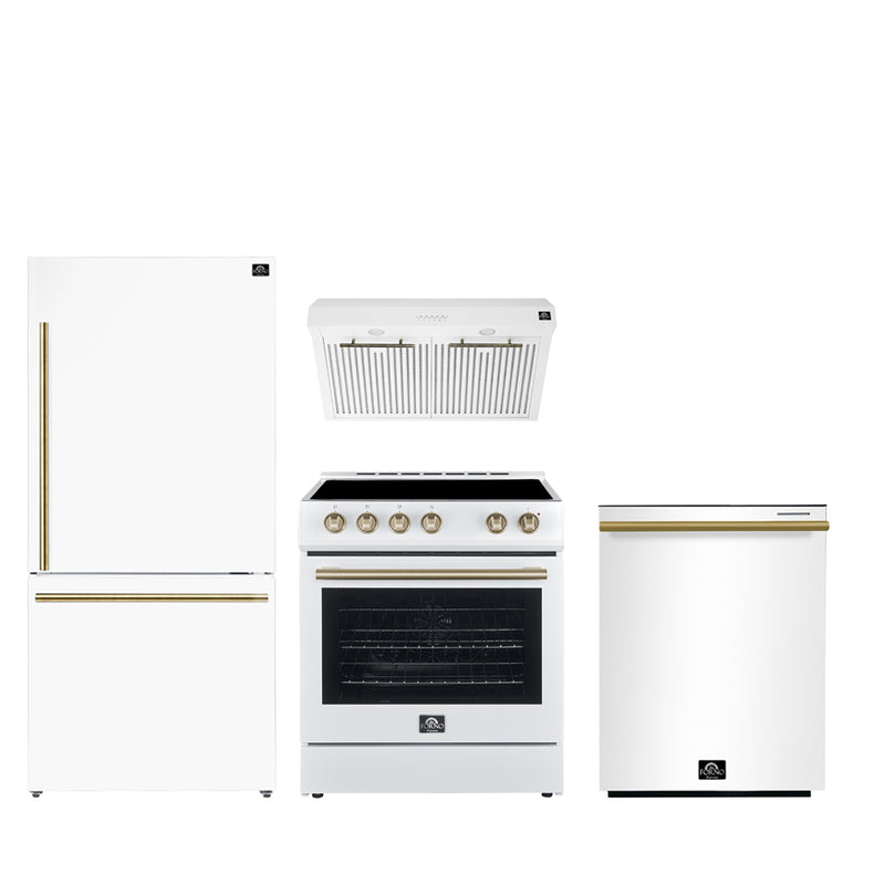 FORNO 4-Piece Appliance Package- 30" Electric Range, Under Cabinet Range Hood, 31" Refrigerator, and Built-In Dishwasher in White with Antique Brass Trim, FBDL-006-03US