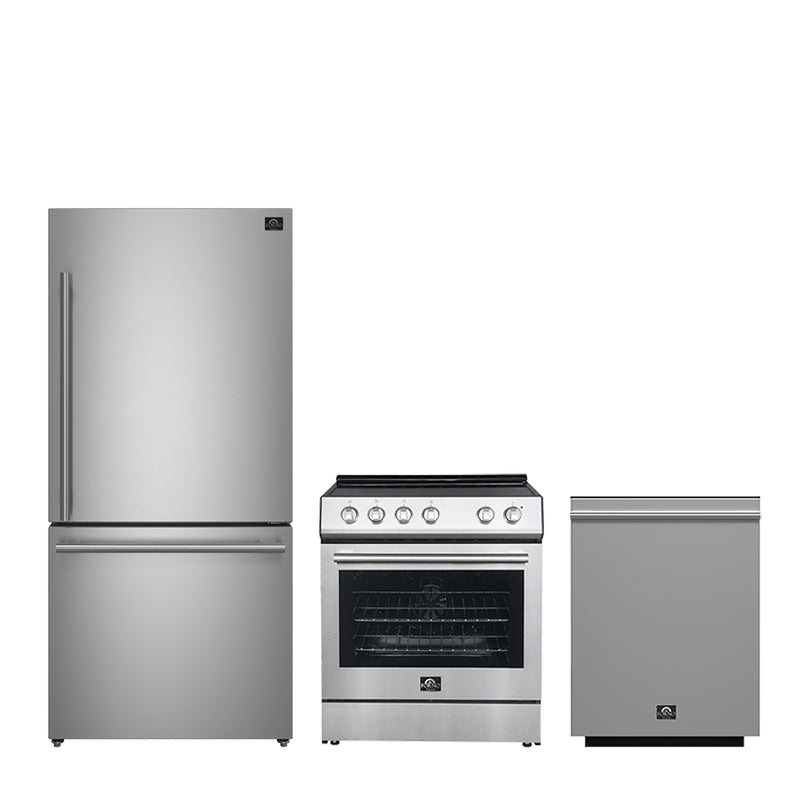 Forno 3-Piece Appliance Package - 30" Leonardo Espresso Electric Range, Refrigerator, & Dishwasher in Stainless Steel, FBDL-007-01US