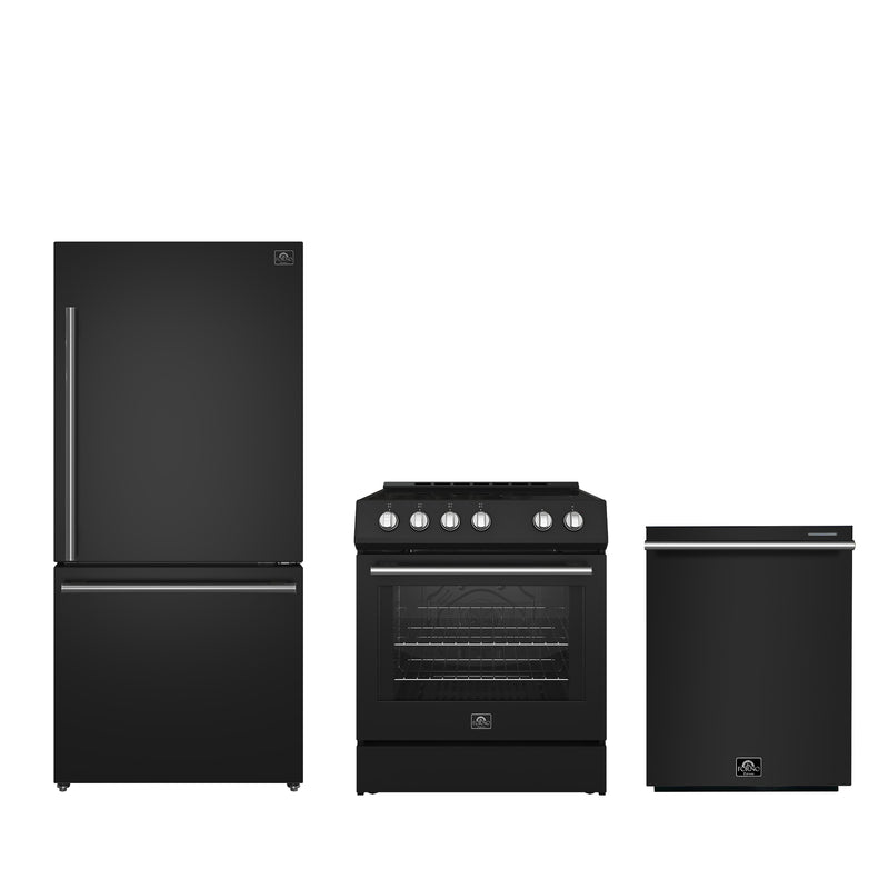 Forno 3-Piece Appliance Package - 30" Leonardo Espresso Electric Range, Refrigerator, & Dishwasher in Black with Antique Brass Handle, FBDL-007-02US