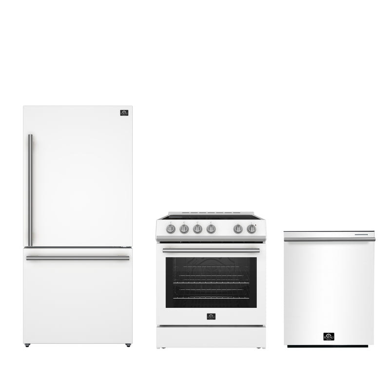 Forno 3-Piece Appliance Package - 30" Leonardo Espresso Electric Range, Refrigerator, & Dishwasher in White with Antique Brass Handle, FBDL-007-03US