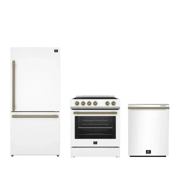 Forno 3-Piece Appliance Package - 30" Leonardo Espresso Electric Range, Refrigerator, & Dishwasher in White with Antique Brass Handle, FBDL-007-03US