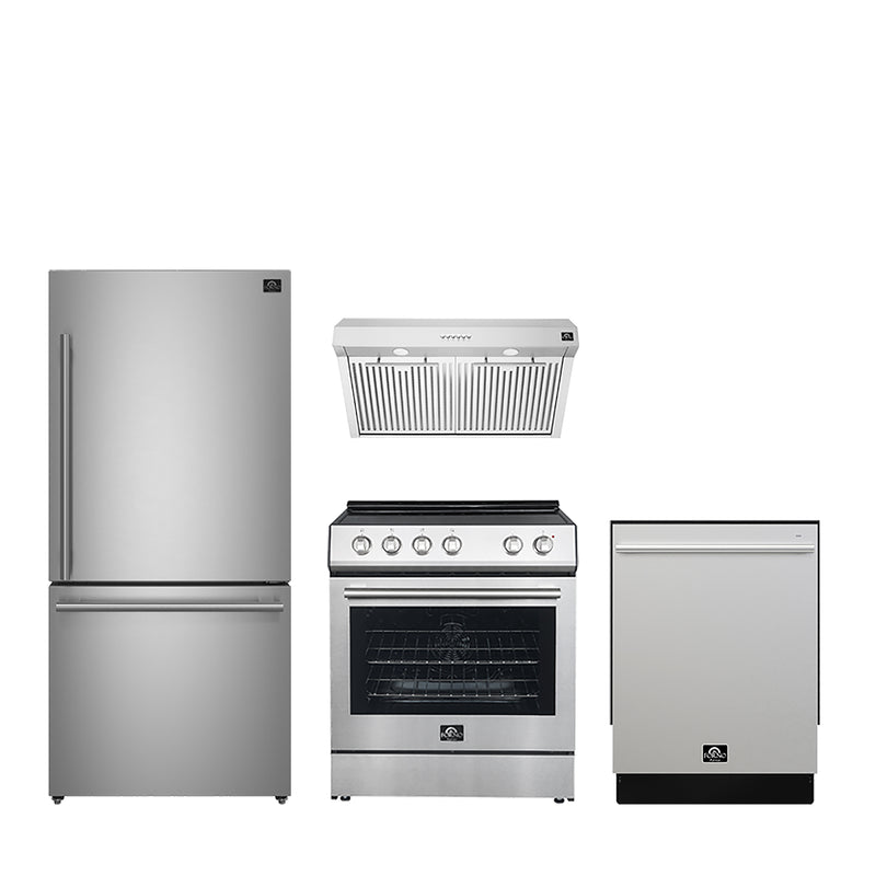 Forno 4-Piece Appliance Package- 30" Electric Range, Under Cabinet Range Hood, 31" Refrigerator, and Built-In Dishwasher in Stainless Steel, FBDL-010-01US