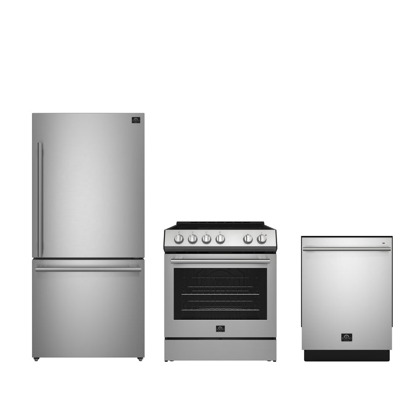 FORNO 3-Piece Appliance Package- 30" Electric Range, 31" Refrigerator, and Built-In Dishwasher in Stainless Steel, FBDL-011-01US