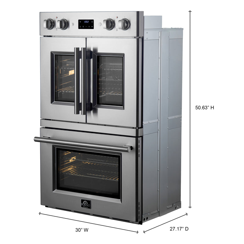 Forno Asti 30" Double Electric Wall Oven with Upper French Doors in Stainless Steel, 7.36 cu. ft. Dual True Convection, Air Fry, Self-Clean, FBOEL1340-30