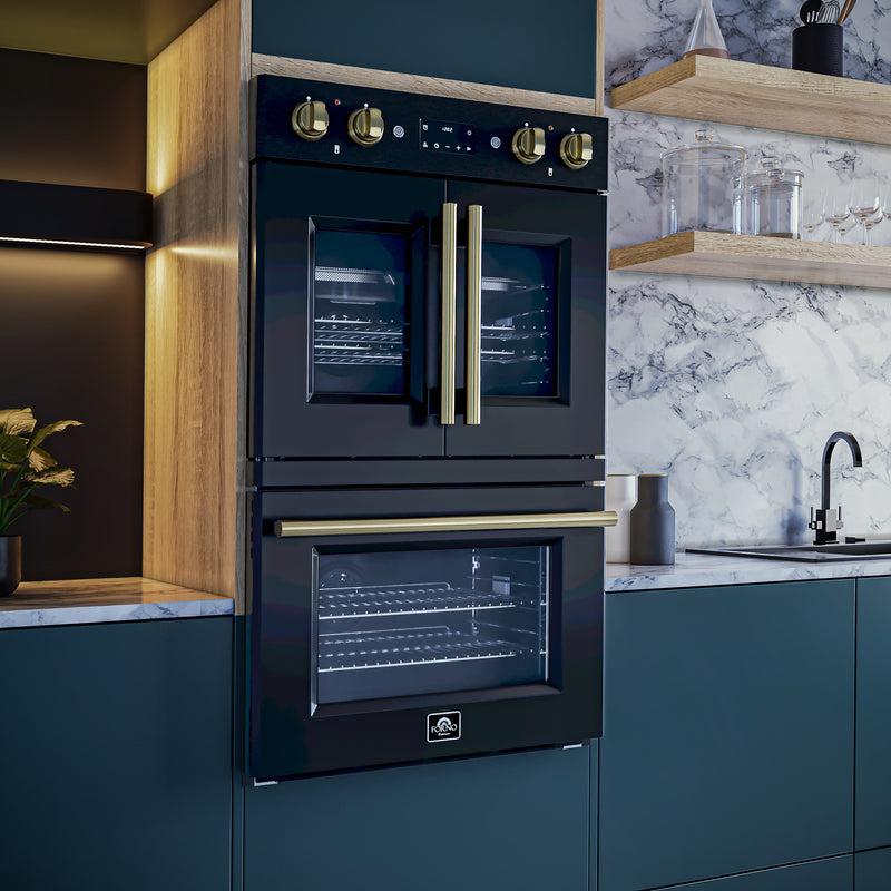 Forno Asti 30" French Door Double Electric Wall Oven in Black, 7.36 cu. ft. Dual True Convection, Air Fry, Self-Clean, FBOEL1340-30BLK