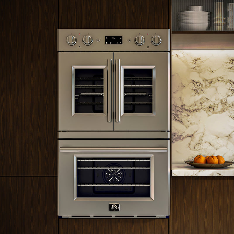 Forno Gallico 30" Double Wall Oven French Door Electric in Stainless Steel, 7.36 cu.ft. True Convection, Air Fry, Sous Vide, FBOEL1388-30
