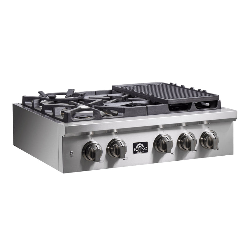 Forno 30" Freestanding Gas Range in Stainless Steel, 6 Sealed Brass Burners, Cast-Iron Grates, Griddle, FCTGS5751-30
