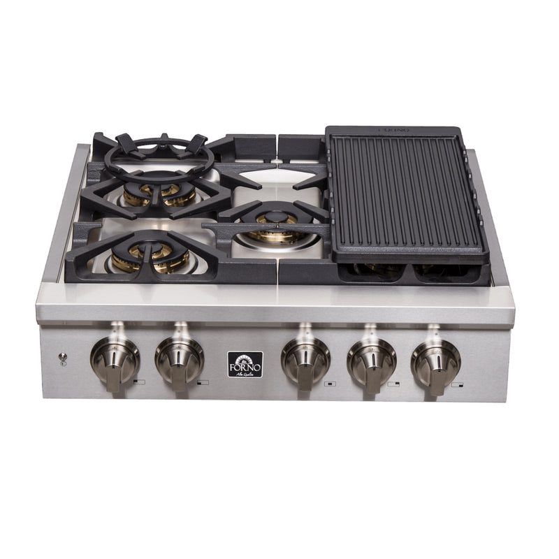 Forno 30" Freestanding Gas Range in Stainless Steel, 6 Sealed Brass Burners, Cast-Iron Grates, Griddle, FCTGS5751-30