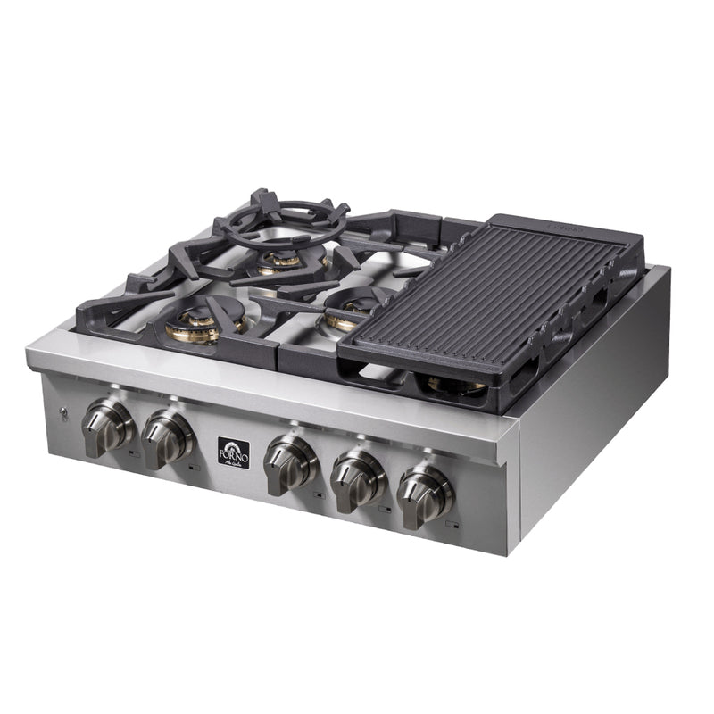 Forno 30" Freestanding Gas Range in Stainless Steel, 6 Sealed Brass Burners, Cast-Iron Grates, Griddle, FCTGS5751-30