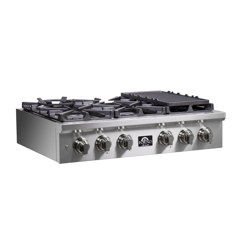 Forno 36" Pro-Style Gas Rangetop, 6 Sealed Brass Burners, Cast-Iron Grates, Griddle, FCTGS5751-36
