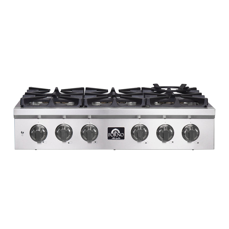 Forno 36" Pro-Style Gas Rangetop, 6 Sealed Brass Burners, Cast-Iron Grates, Griddle, FCTGS5751-36