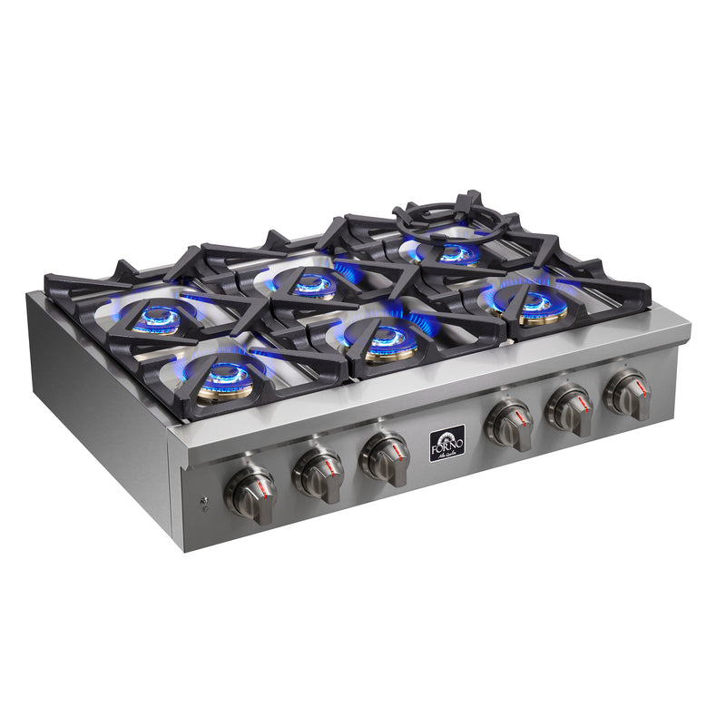 Forno 36" Pro-Style Gas Rangetop, 6 Sealed Brass Burners, Cast-Iron Grates, Griddle, FCTGS5751-36
