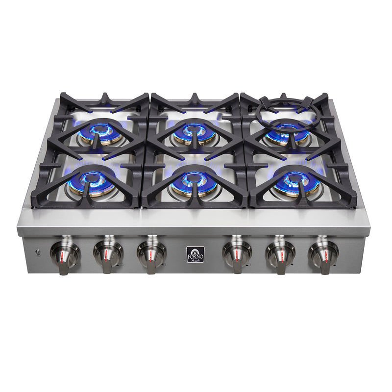 Forno 36" Pro-Style Gas Rangetop, 6 Sealed Brass Burners, Cast-Iron Grates, Griddle, FCTGS5751-36