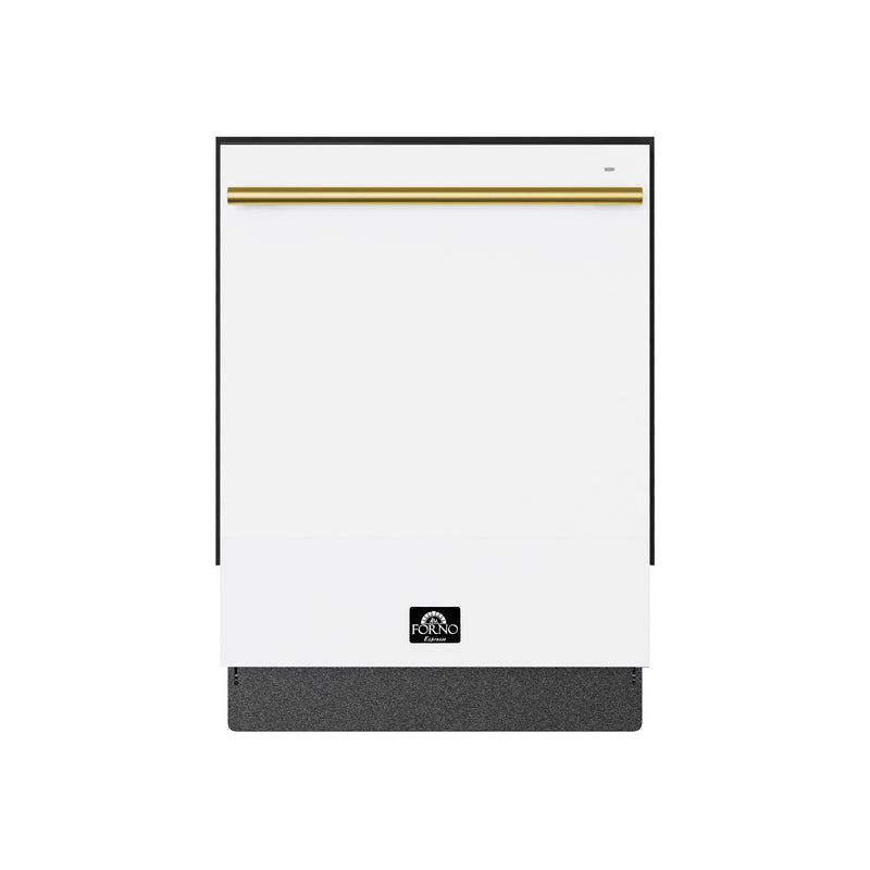 Forno Romano Espresso 24" Built-In Tall Tub Dishwasher in White, 52 dBA, 3 Rack Design, with Antique Brass Handles, FDWBI8035-24WHT