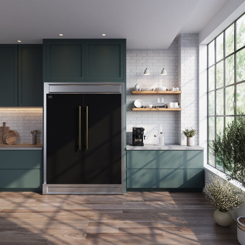 Forno Maderno 60" Freestanding Refrigerator/Freezer in Black, 27.2 Cu.Ft. Capacity with Modern Trim and Antique Brass Handles, FFFFD1722-60MG-BLK