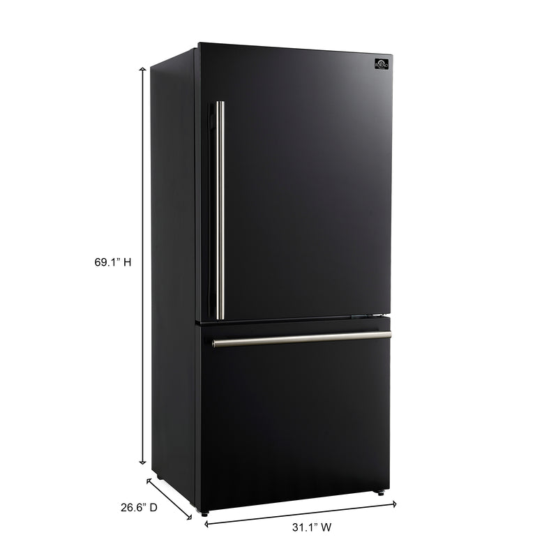 Forno Milano Espresso 31" Freestanding Bottom Freezer Refrigerator in Black, 17.2 cu. ft., Counter-Depth, Right Swing, with Stainless Steel Handles, FFFFD1785-31BLK