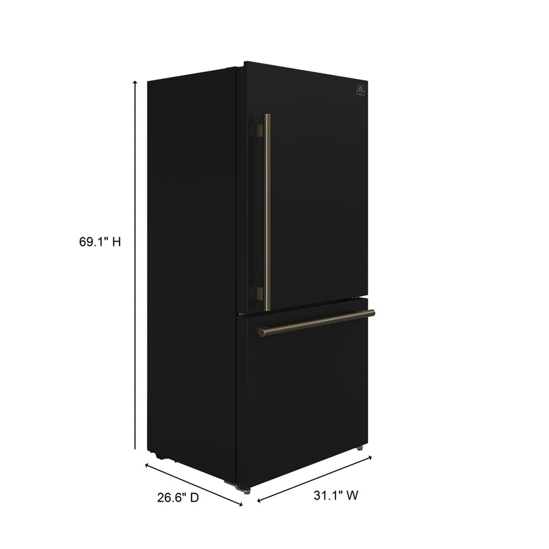 Forno Milano Espresso 31" Freestanding Bottom Freezer Refrigerator in Black, 17.2 cu. ft., Counter-Depth, Right Swing, with Antique Brass Handles, FFFFD1785-31BLK