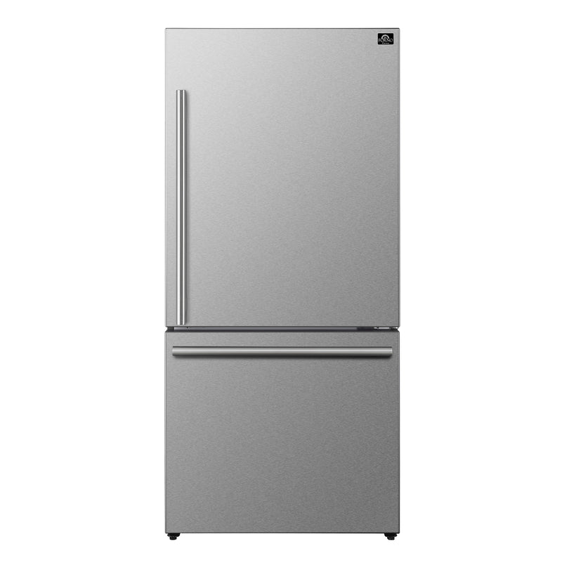 Stainless steel refrigerator on a white background