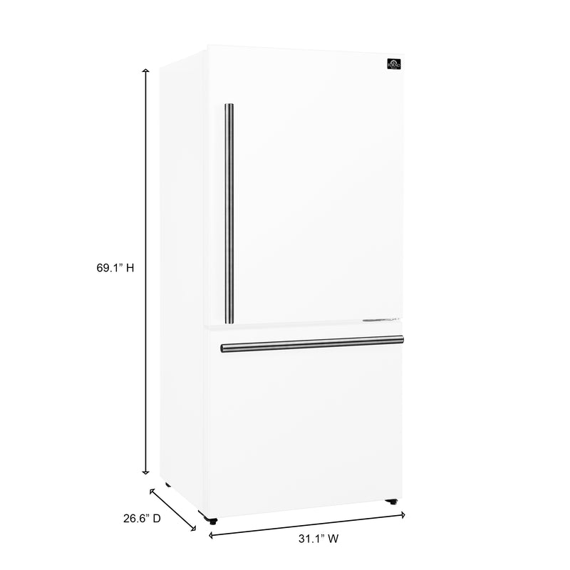 Forno Milano Espresso 31" Freestanding Bottom Freezer Refrigerator in White with 17.2 cu. ft., Counter-Depth, Antique Brass Handles, Right Swing, FFFFD1785-31WHT