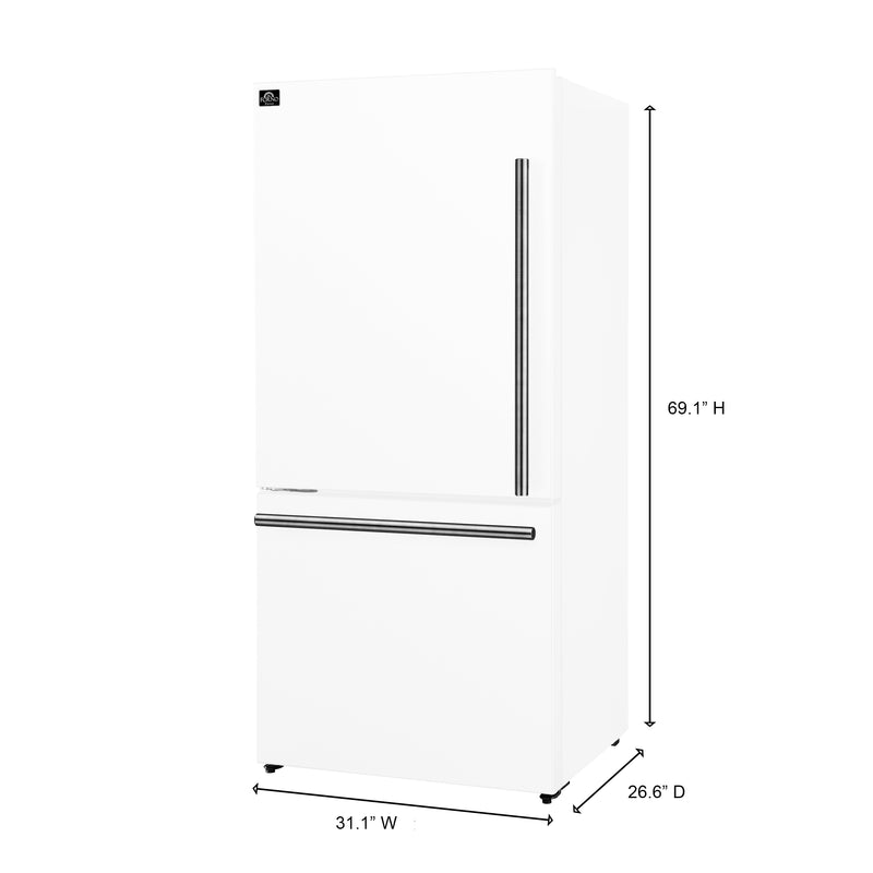 Forno Milano Espresso 31" Freestanding Bottom Freezer Refrigerator in White, 17.2 cu. ft., Ice Maker, with Stainless Steel Handles, Left Hinge, FFFFD1786-31WHT