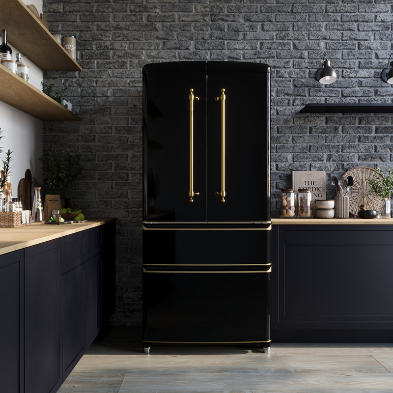 Forno Luigi 33" 18 cu.ft. Freestanding French Door Refrigerator in Black, LED Touch Controls, Antique Brass Handles, FFFFD1791-33BLK