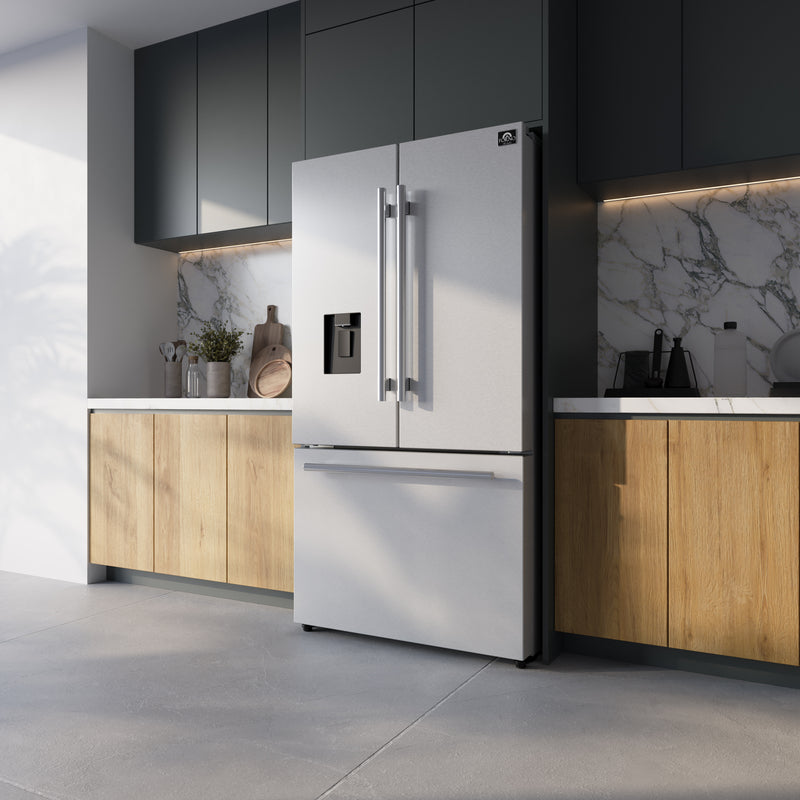 Forno Aosta 36" Freestanding French Door Refrigerator in Stainless Steel with 22.4 cu.ft., External Water Dispenser, Automatic Ice Maker, FFFFD1866-36SB