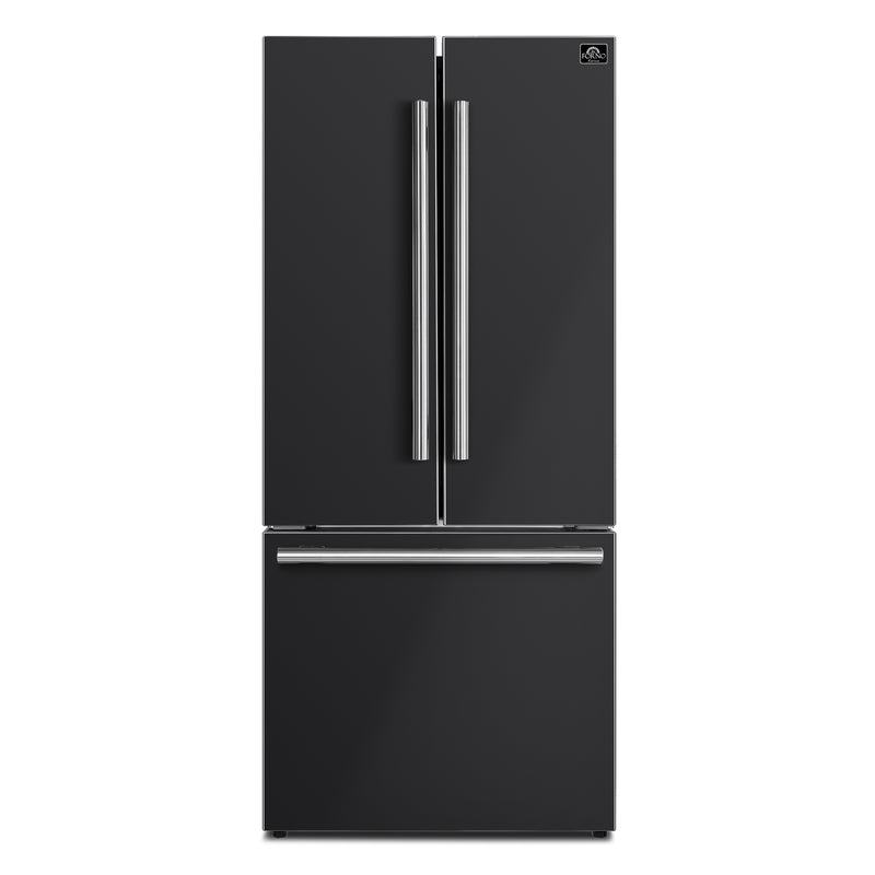 Forno Espresso Gallipoli 30" Freestanding French Door Refrigerator in Black with 17.5 cu. ft. Capacity, with Stainless Steel Handles, FFFFD1974-31BLK