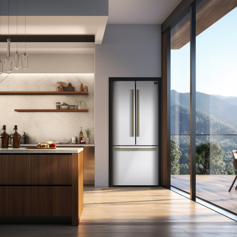 Forno Gallipoli 30" Freestanding French Door Refrigerator in White with 17.5 cu. ft. Capacity, Ice Maker, with Stainless Steel Handles, FFFFD1974-31WHT