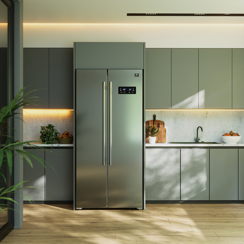 Forno Salerno 33" Freestanding Side-by-side Refrigerator in Stainless Steel with 15.6 cu.ft. Capacity, Fingerprint Resistant, with Stainless Steel Handles, FFRBI1805-33SB
