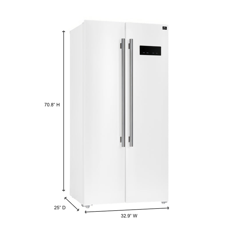 Forno Salerno Espresso 33" Freestanding Side-by-Side Refrigerator in White, 15.6 cu.ft. Capacity, Spill-Proof Shelves with Antique Brass Handles, FFRBI1805-33WHT