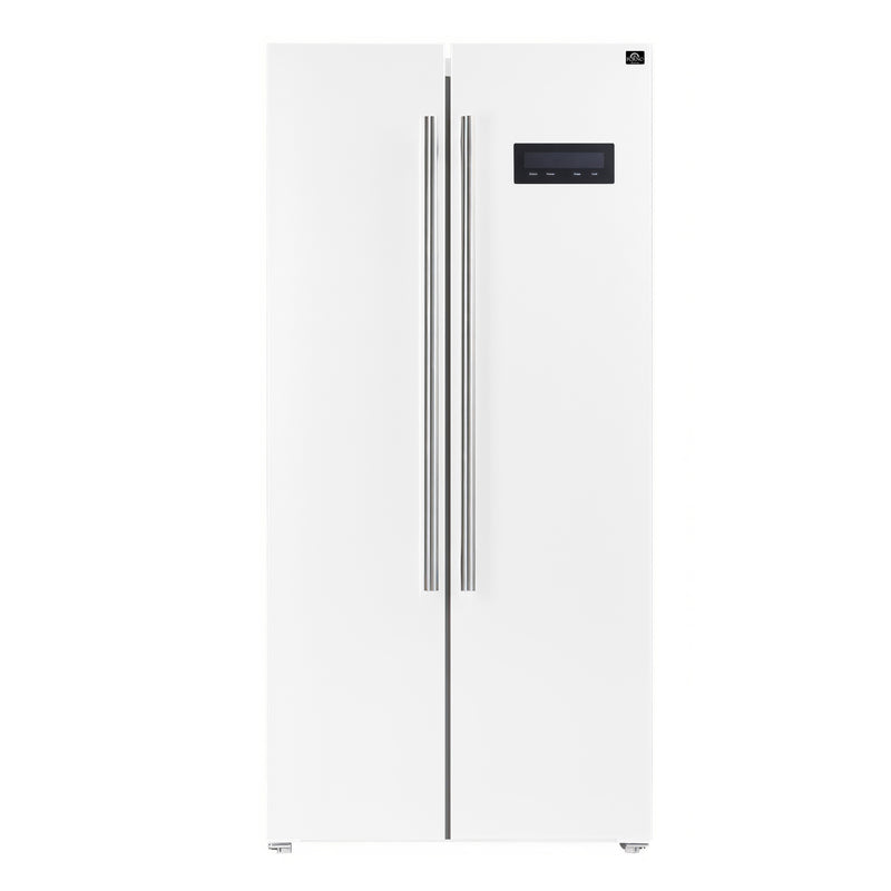Forno Salerno Espresso 33" Freestanding Side-by-Side Refrigerator in White, 15.6 cu.ft. Capacity, Spill-Proof Shelves with Stainless Steel Handles, FFRBI1805-33WHT