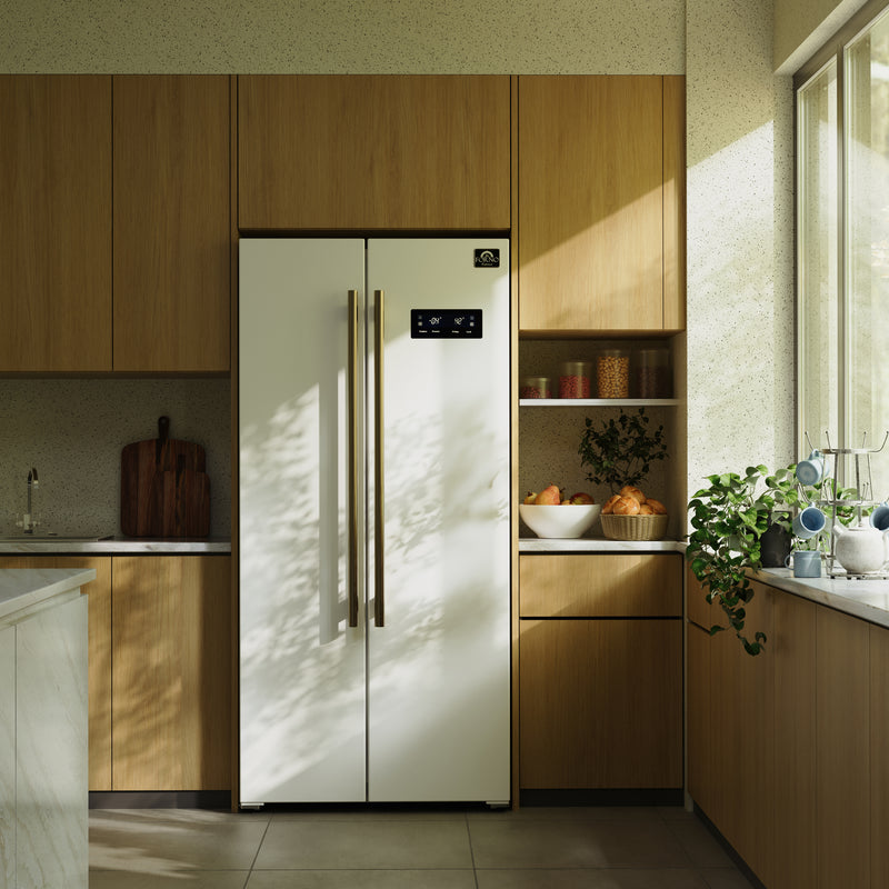 Forno Salerno Espresso 33" Freestanding Side-by-Side Refrigerator in White, 15.6 cu.ft. Capacity, Spill-Proof Shelves with Antique Brass Handles, FFRBI1805-33WHT