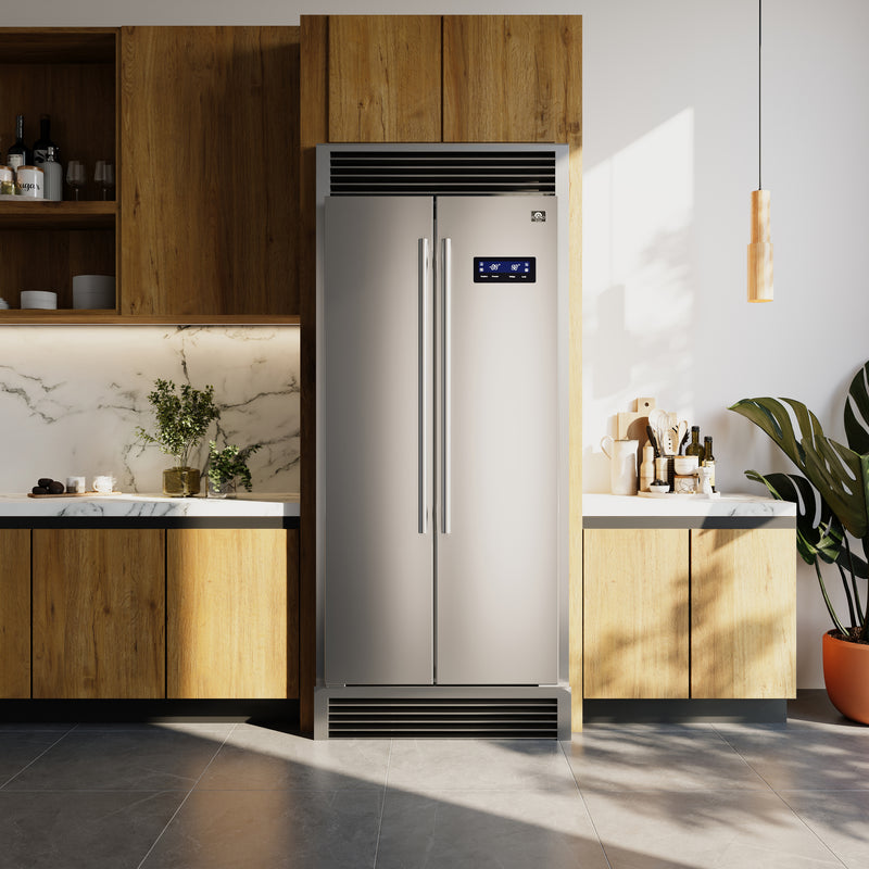 Forno Salerno 33" Built-in Side-by-Side Refrigerator in Stainless Steel, 15.6 cu.ft., Fast Cool & Fast Freeze, with Stainless Steel Handles, FFRBI1805-37SG