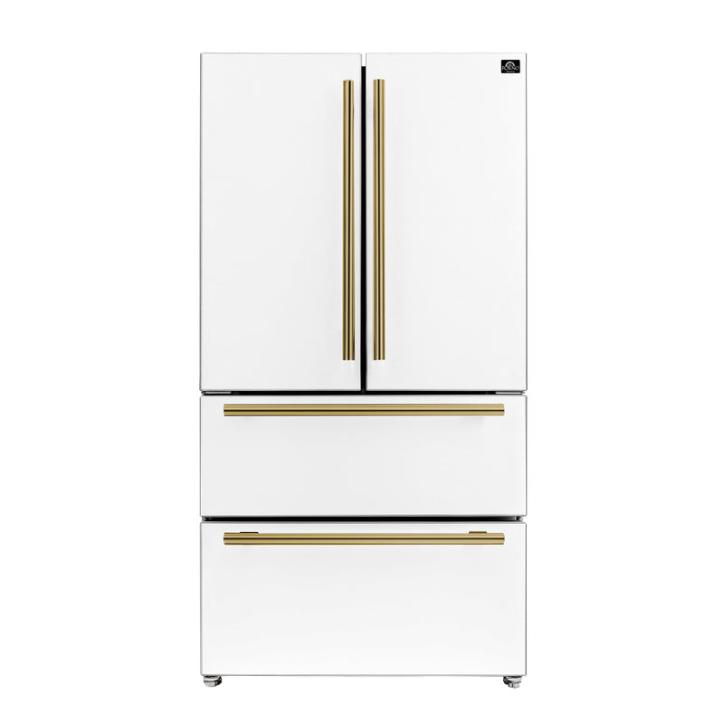 Forno Moena Espresso 36" Freestanding French Door Refrigerator in White with 19.2 Cu.ft Capacity, Ice Maker, Antique Brass Handle, FFRBI1820-36WHT
