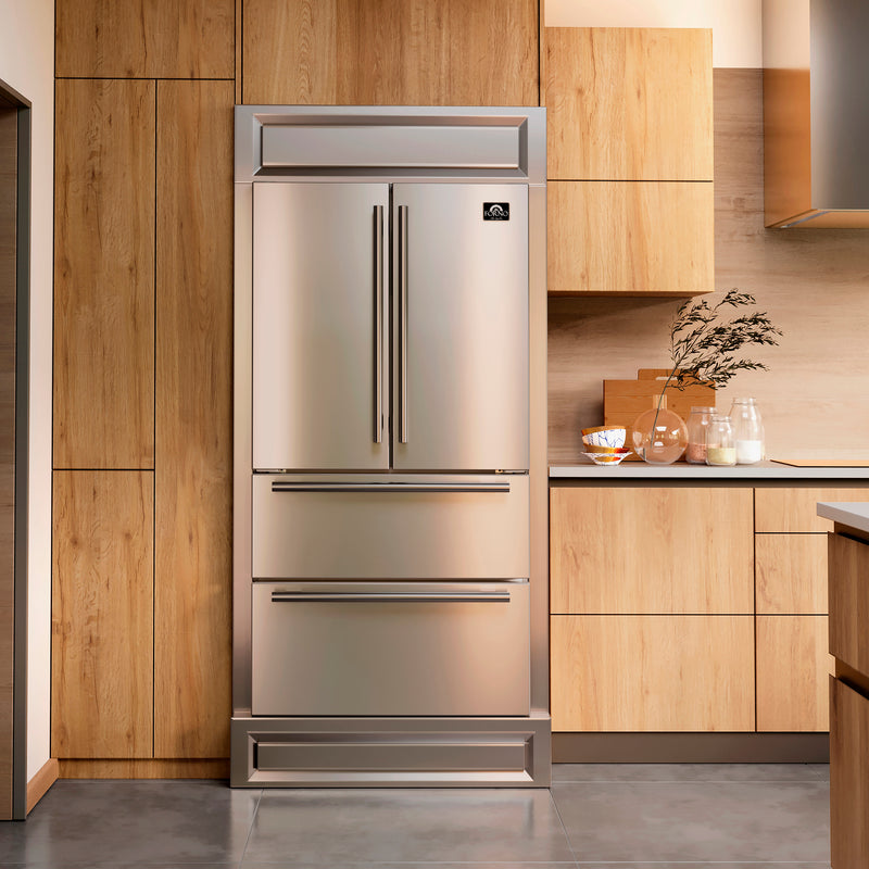 Forno Moena 36" Freestanding French Door Refrigerator in Stainless Steel with 19.2 Cu. ft. Capacity, Ice Maker, Modern Decorative Grill, FFRBI1820-40MG
