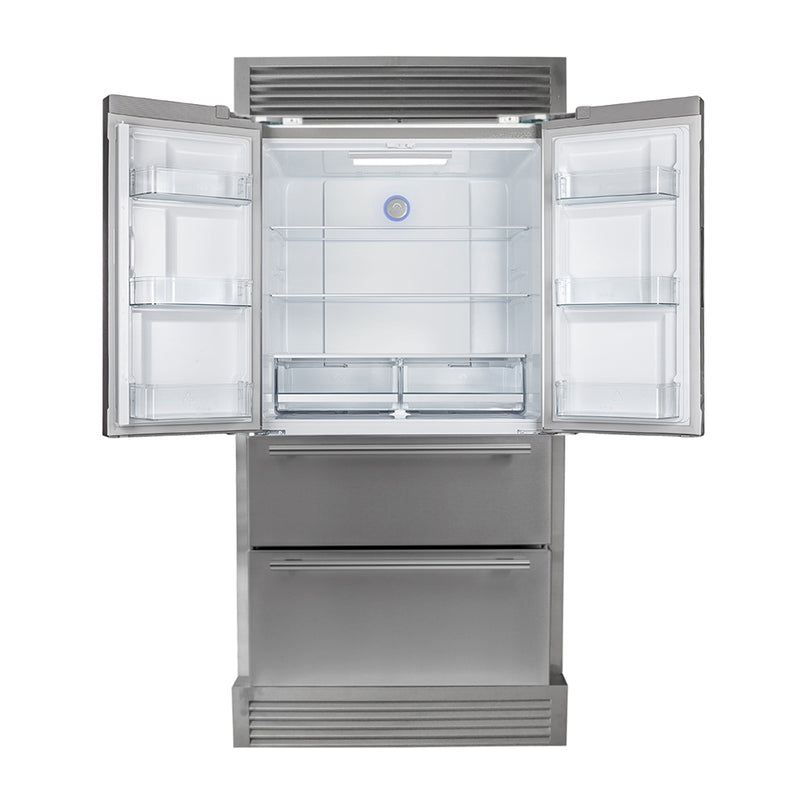 FORNO Premium 2-Piece Kitchen Bundle - Galiano 48" Stainless Steel Range, Forno Moena 36" French Door 19.2 cu. ft Stainless Steel Refrigerator, with Decorative Grill - 40" Wide - FBDL-019-03CAUS