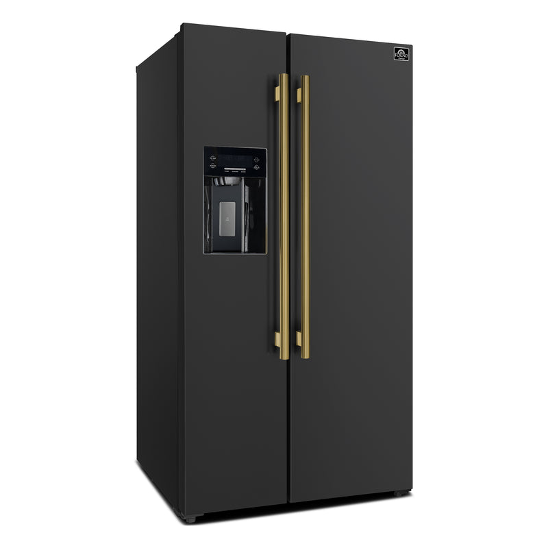 Forno Espresso Salerno 36" Freestanding Side-by-Side Refrigerator in Black, Ice & Water Dispenser, with Antique Brass Handles, FFRBI1844-36BLK