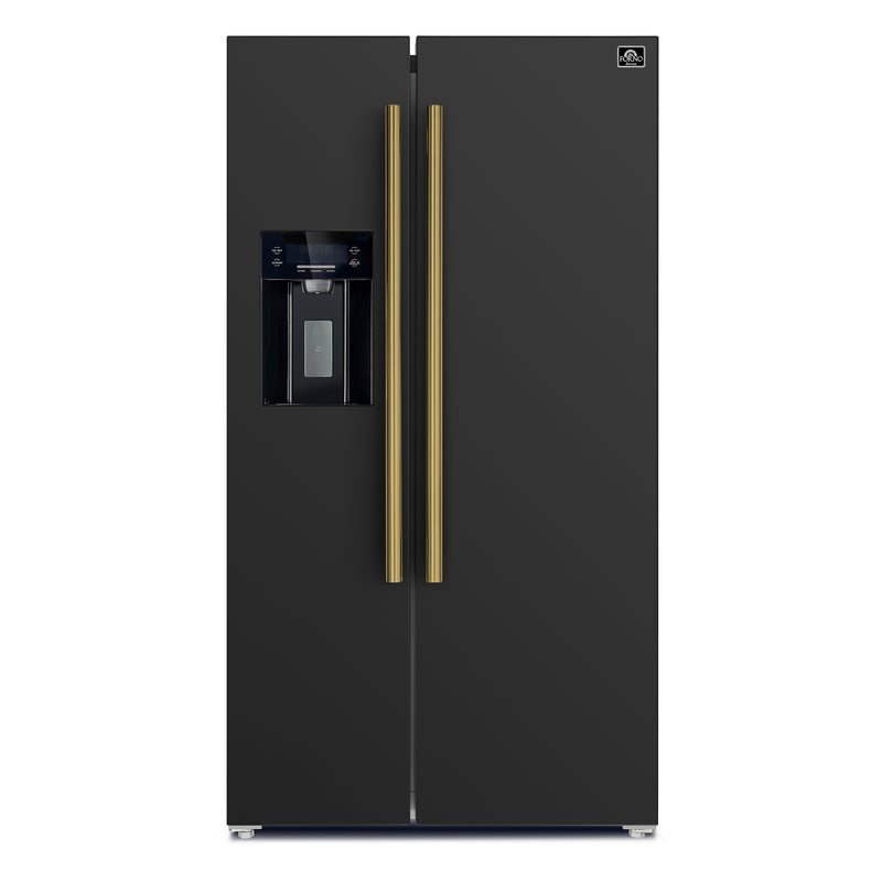 Forno Espresso Salerno 36" Freestanding Side-by-Side Refrigerator in Black, Ice & Water Dispenser, with Antique Brass Handles, FFRBI1844-36BLK