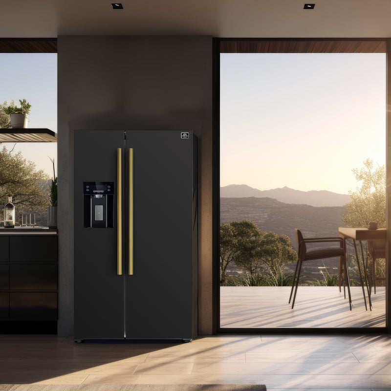 Forno Espresso Salerno 36" Freestanding Side-by-Side Refrigerator in Black, Ice & Water Dispenser, with Antique Brass Handles, FFRBI1844-36BLK