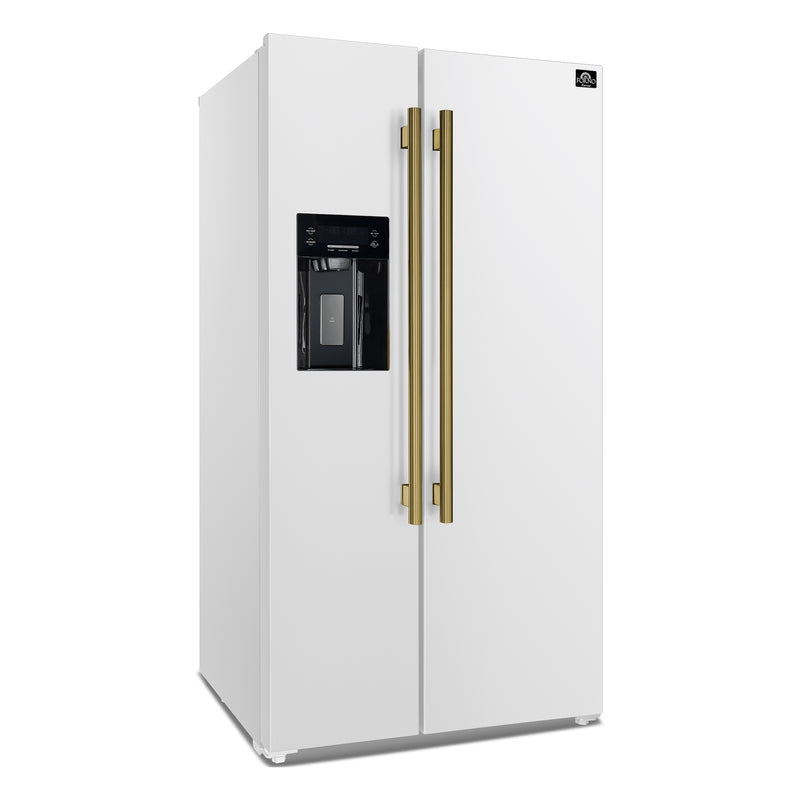 Forno Espresso Salerno 36" Side-by-Side Refrigerator in White, Ice & Water Dispenser, with Antique Brass Handles, FFRBI1844-36WHT